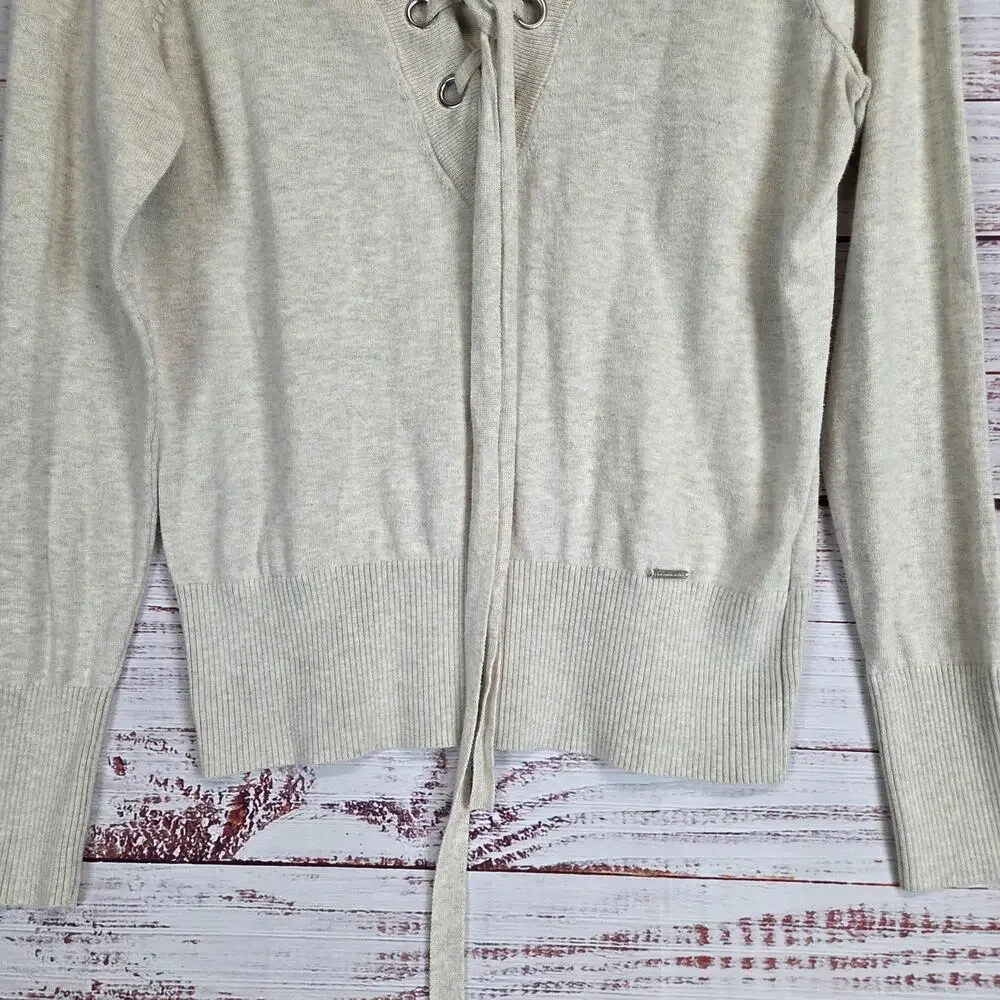 Abercrombie & Fitch Retro Lace up V-Neck Tan Sweater M Chic Minimalist Neutral